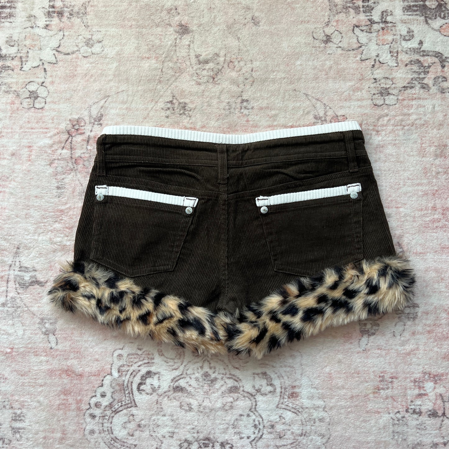 janus jeans brown corduroy with leopard faux fur trim