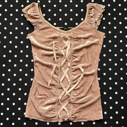 dizzy pink velvet lace up top