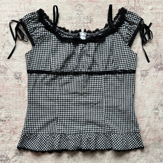 dark coquette milkmaid gingham blouse