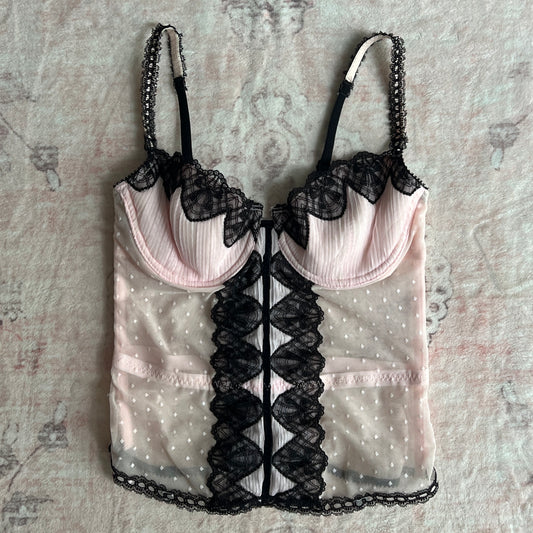 jezebel pink bustier with black lace details 𐙚 36b