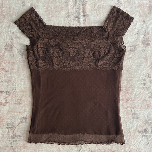 coolwear lace & mesh brown cami 𐙚 m