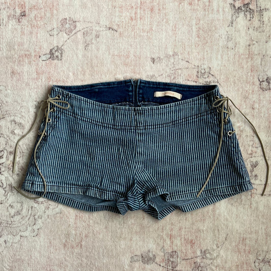 boho denim mini shorts with lace up details